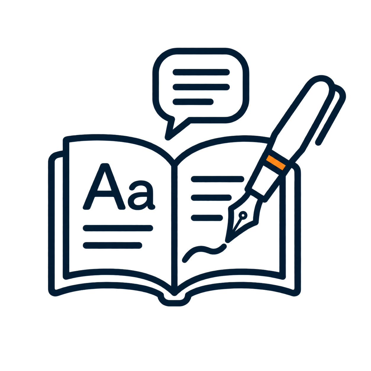 Offenes Buch mit Füllfeder und Sprechblase als Symbol für das Fach Deutsch