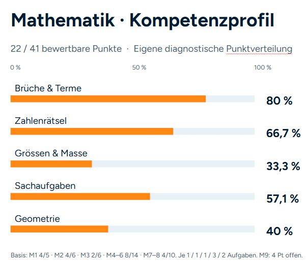 Beispielprofil Mathematik: Brüche und Terme 80 %, Zahlenrätsel 66,7 %, Grössen und Masse 33,3 %, Sachaufgaben 57,1 %, Geometrie 40 %.